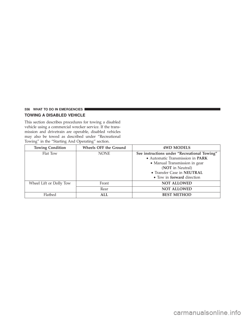 JEEP WRANGLER UNLIMITED 2013  Owners Manual TOWING A DISABLED VEHICLE
This section describes procedures for towing a disabled
vehicle using a commercial wrecker service. If the trans-
mission and drivetrain are operable, disabled vehicles
may a