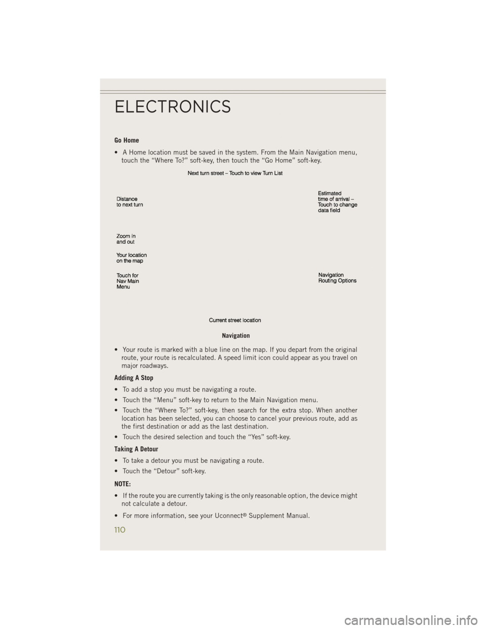JEEP CHEROKEE 2014 KL / 5.G User Guide Go Home
• A Home location must be saved in the system. From the Main Navigation menu,touch the “Where To?” soft-key, then touch the “Go Home” soft-key.
• Your route is marked with a blue l JEEP CHEROKEE 2014 KL / 5.G User Guide Go Home
• A Home location must be saved in the system. From the Main Navigation menu,touch the “Where To?” soft-key, then touch the “Go Home” soft-key.
• Your route is marked with a blue l
