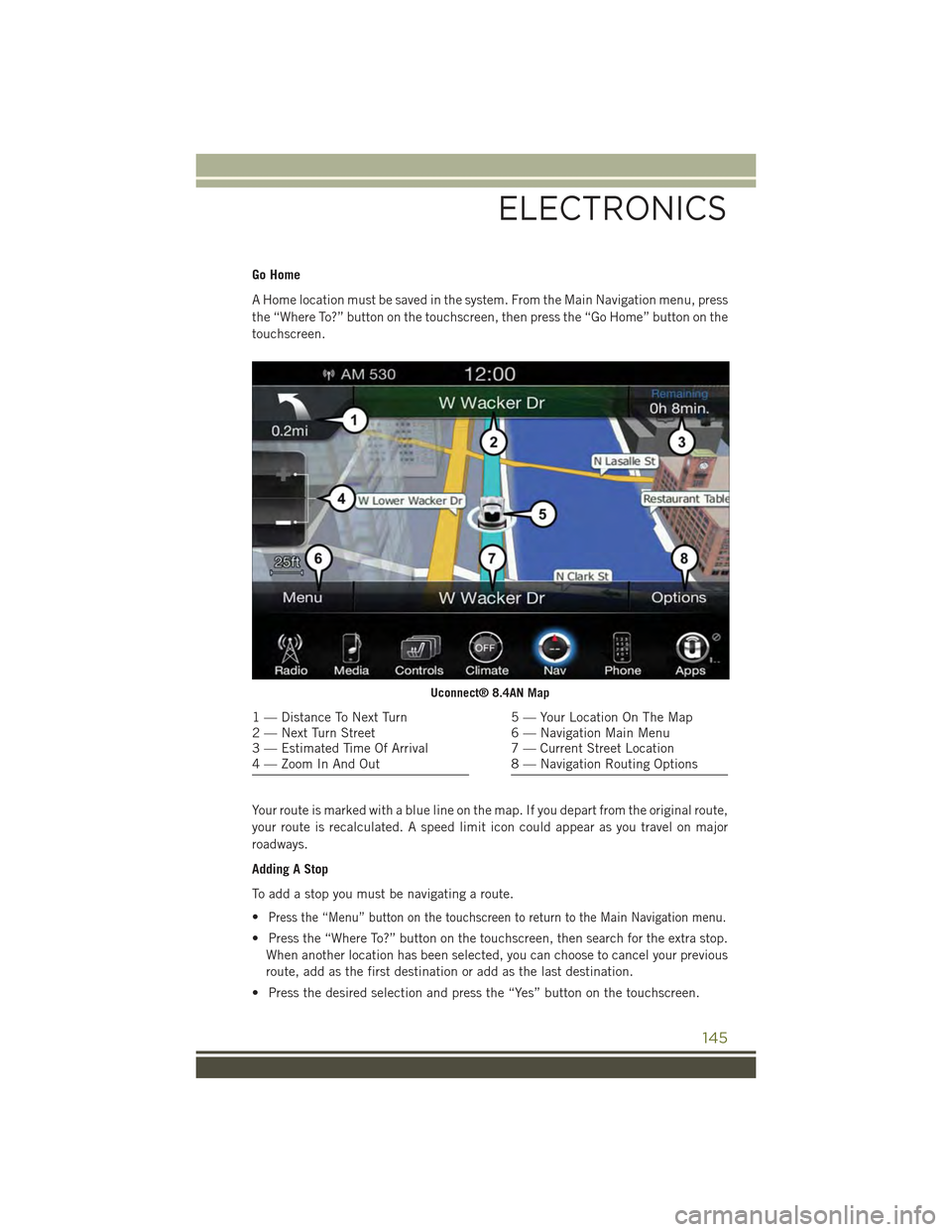 JEEP CHEROKEE 2015 KL / 5.G User Guide Go Home
A Home location must be saved in the system. From the Main Navigation menu, press
the “Where To?” button on the touchscreen, then press the “Go Home” button on the
touchscreen.
Your ro JEEP CHEROKEE 2015 KL / 5.G User Guide Go Home
A Home location must be saved in the system. From the Main Navigation menu, press
the “Where To?” button on the touchscreen, then press the “Go Home” button on the
touchscreen.
Your ro