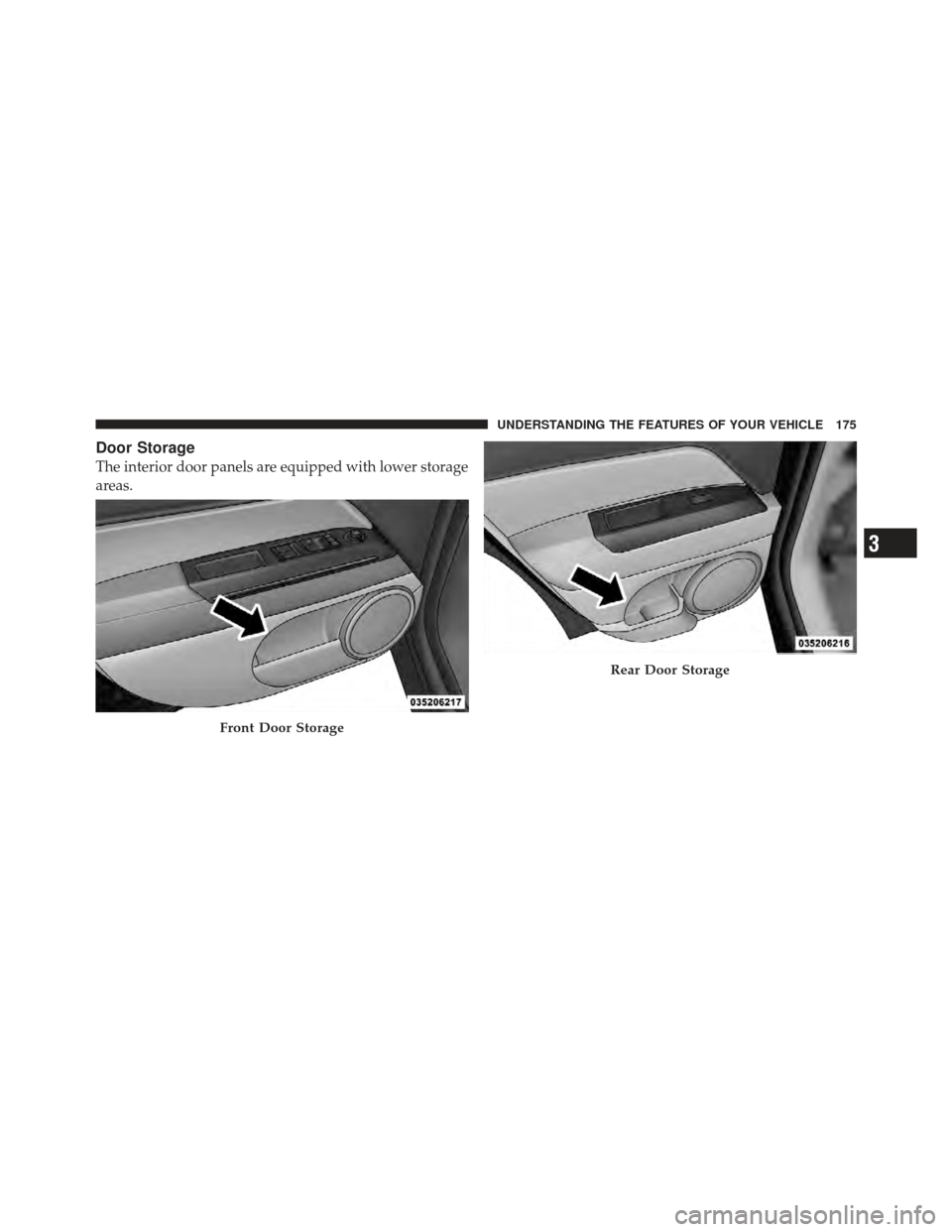 JEEP COMPASS 2011 1.G Owners Manual Door Storage
The interior door panels are equipped with lower storage
areas.
Front Door Storage
Rear Door Storage
3
UNDERSTANDING THE FEATURES OF YOUR VEHICLE 175 