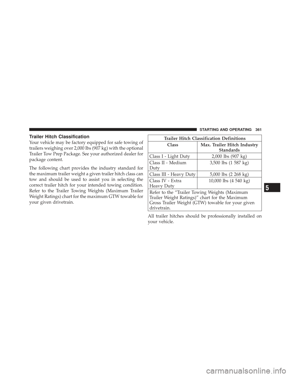 JEEP COMPASS 2011 1.G Owners Manual Trailer Hitch Classification
Your vehicle may be factory equipped for safe towing of
trailers weighing over 2,000 lbs (907 kg) with the optional
Trailer Tow Prep Package. See your authorized dealer fo