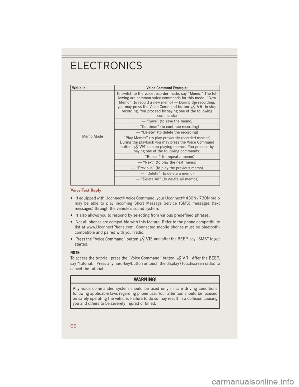 JEEP COMPASS 2014 1.G User Guide While In:Voice Command Example:
Memo Mode To switch to the voice recorder mode, say “Memo.” The fol-
lowing are common voice commands for this mode: “NewMemo” (to record a new memo) — During