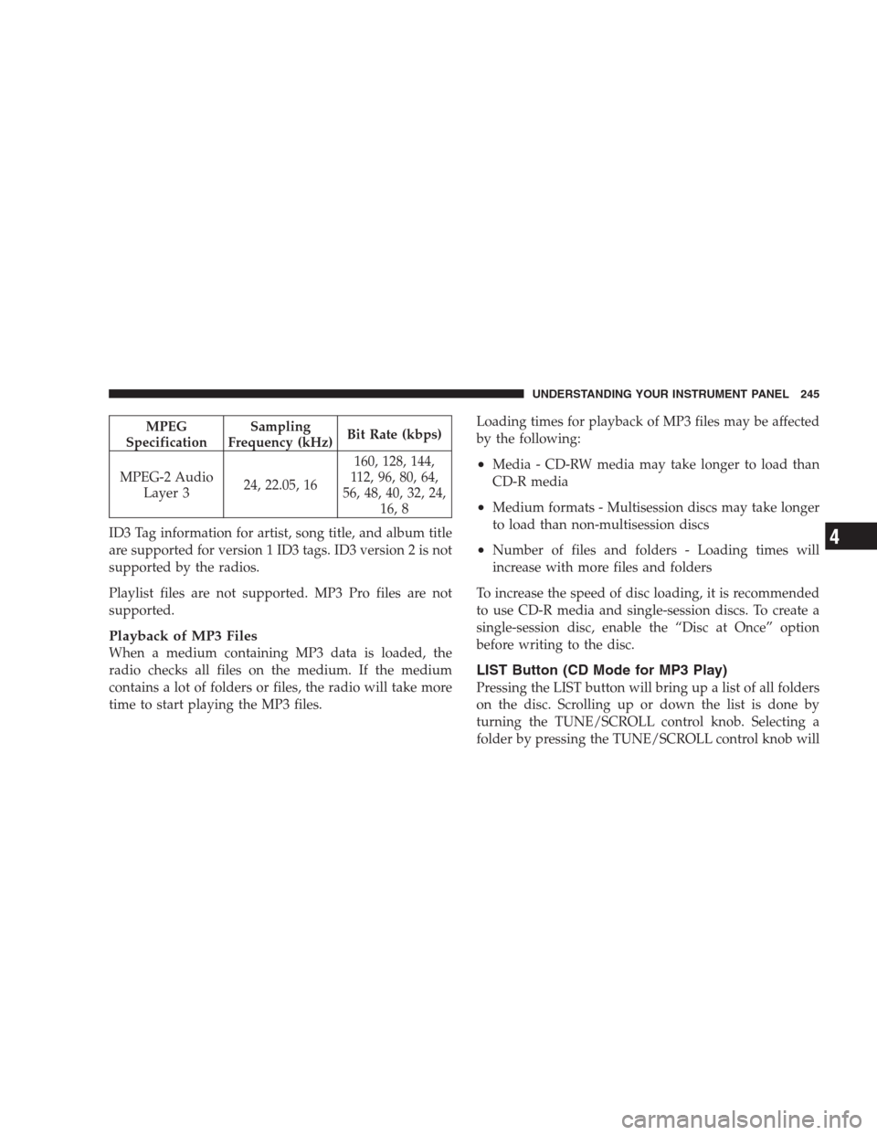 JEEP GRAND CHEROKEE 2009 WK / 3.G Owners Manual MPEG
SpecificationSampling
Frequency (kHz)Bit Rate (kbps)
MPEG-2 Audio
Layer 324, 22.05, 16160, 128, 144,
112, 96, 80, 64,
56, 48, 40, 32, 24,
16, 8
ID3 Tag information for artist, song title, and alb JEEP GRAND CHEROKEE 2009 WK / 3.G Owners Manual MPEG
SpecificationSampling
Frequency (kHz)Bit Rate (kbps)
MPEG-2 Audio
Layer 324, 22.05, 16160, 128, 144,
112, 96, 80, 64,
56, 48, 40, 32, 24,
16, 8
ID3 Tag information for artist, song title, and alb
