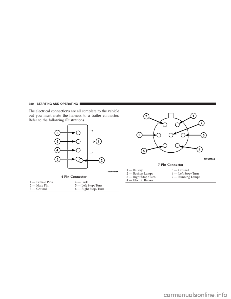 JEEP GRAND CHEROKEE 2009 WK / 3.G Owners Manual The electrical connections are all complete to the vehicle
but you must mate the harness to a trailer connector.
Refer to the following illustrations.
4-Pin Connector
1 — Female Pins 4 — Park
2 