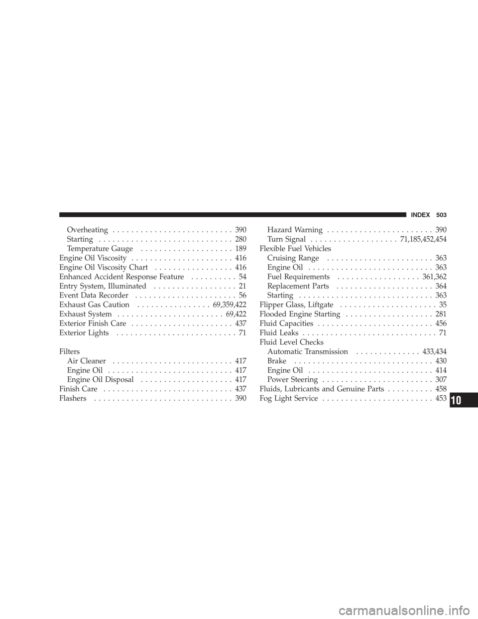 JEEP GRAND CHEROKEE 2009 WK / 3.G Owners Manual Overheating.......................... 390
Starting............................. 280
Temperature Gauge.................... 189
Engine Oil Viscosity...................... 416
Engine Oil Viscosity Chart. JEEP GRAND CHEROKEE 2009 WK / 3.G Owners Manual Overheating.......................... 390
Starting............................. 280
Temperature Gauge.................... 189
Engine Oil Viscosity...................... 416
Engine Oil Viscosity Chart.