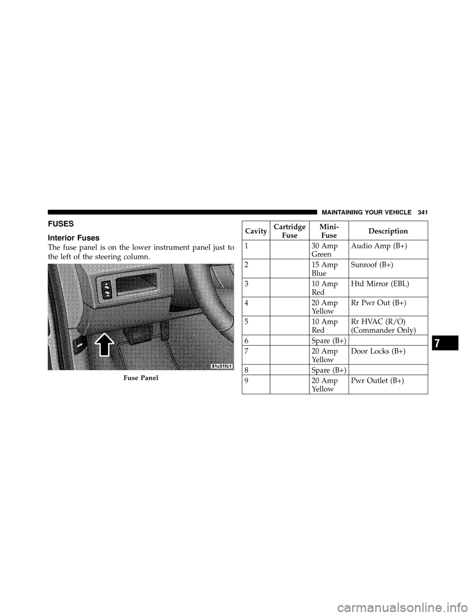 JEEP GRAND CHEROKEE 2010 WK / 3.G SRT Owners Manual FUSES
Interior Fuses
The fuse panel is on the lower instrument panel just to
the left of the steering column.
CavityCartridge
Fuse Mini-
Fuse Description
1 30 Amp
GreenAudio Amp (B+)
2 15 Amp
BlueSunr
