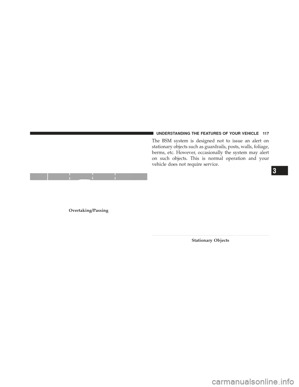 JEEP GRAND CHEROKEE 2011 WK2 / 4.G Owners Manual The BSM system is designed not to issue an alert on
stationary objects such as guardrails, posts, walls, foliage,
berms, etc. However, occasionally the system may alert
on such objects. This is normal