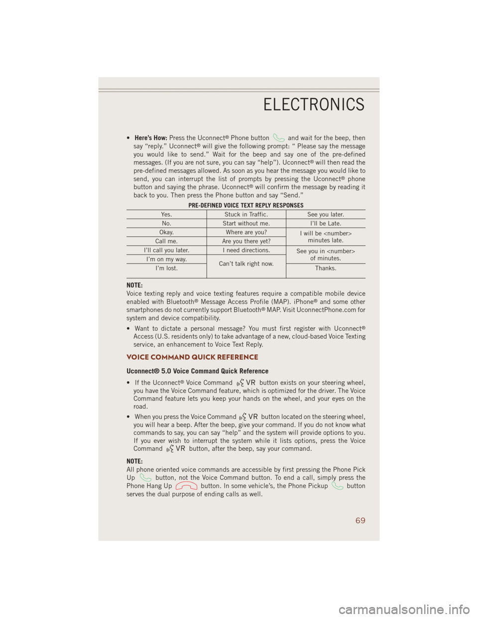JEEP GRAND CHEROKEE 2014 WK2 / 4.G User Guide •Here’s How:Press the Uconnect®Phone buttonand wait for the beep, then
say “reply.” Uconnect®will give the following prompt: “ Please say the message
you would like to send.” Wait for th