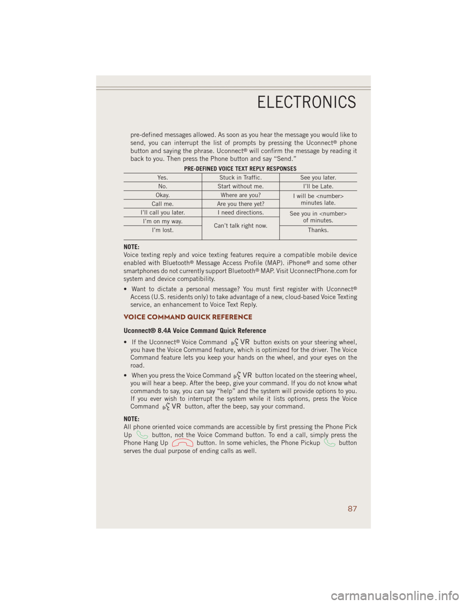 JEEP GRAND CHEROKEE 2014 WK2 / 4.G User Guide pre-defined messages allowed. As soon as you hear the message you would like to
send, you can interrupt the list of prompts by pressing the Uconnect®phone
button and saying the phrase. Uconnect®will
