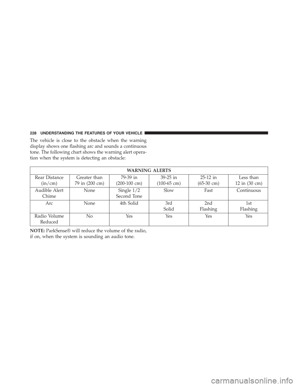 JEEP GRAND CHEROKEE 2015 WK2 / 4.G Owners Manual The vehicle is close to the obstacle when the warning
display shows one flashing arc and sounds a continuous
tone. The following chart shows the warning alert opera-
tion when the system is detecting 