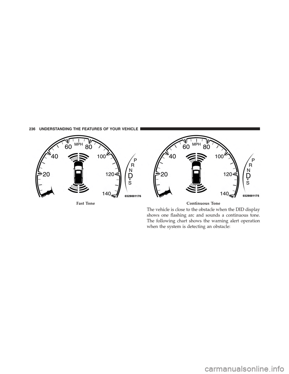 JEEP GRAND CHEROKEE 2015 WK2 / 4.G Owners Manual The vehicle is close to the obstacle when the DID display
shows one flashing arc and sounds a continuous tone.
The following chart shows the warning alert operation
when the system is detecting an obs