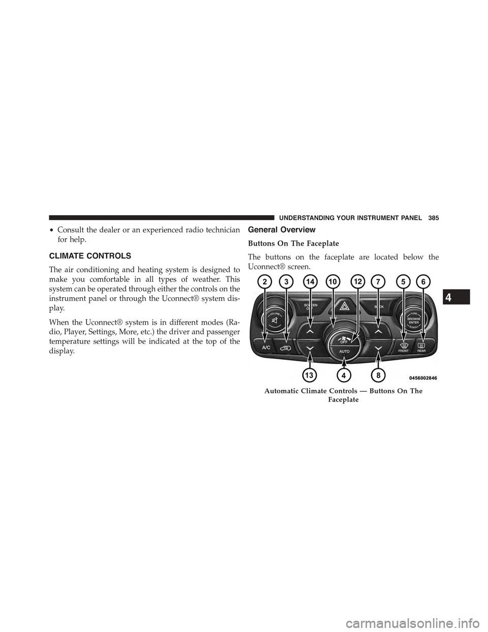 JEEP GRAND CHEROKEE 2015 WK2 / 4.G Owners Manual •Consult the dealer or an experienced radio technician
for help.
CLIMATE CONTROLS
The air conditioning and heating system is designed to
make you comfortable in all types of weather. This
system can