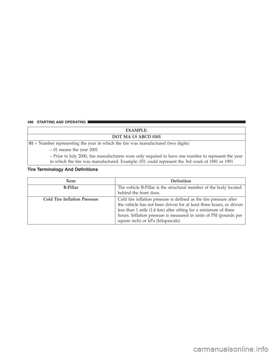JEEP GRAND CHEROKEE 2015 WK2 / 4.G Owners Manual EXAMPLE:
DOT MA L9 ABCD 0301
01= Number representing the year in which the tire was manufactured (two digits)
– 01 means the year 2001
– Prior to July 2000, tire manufacturers were only required t