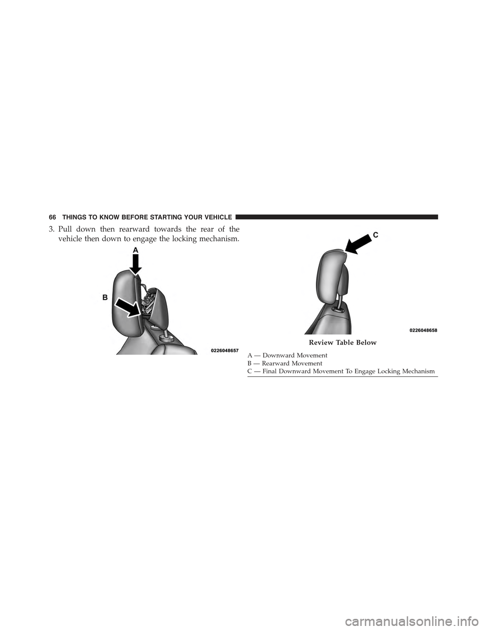 JEEP GRAND CHEROKEE 2015 WK2 / 4.G Owners Manual 3. Pull down then rearward towards the rear of the
vehicle then down to engage the locking mechanism.
A— Downward MovementB—RearwardMovementC—FinalDownwardMovementToEngageLockingMechanism
Review