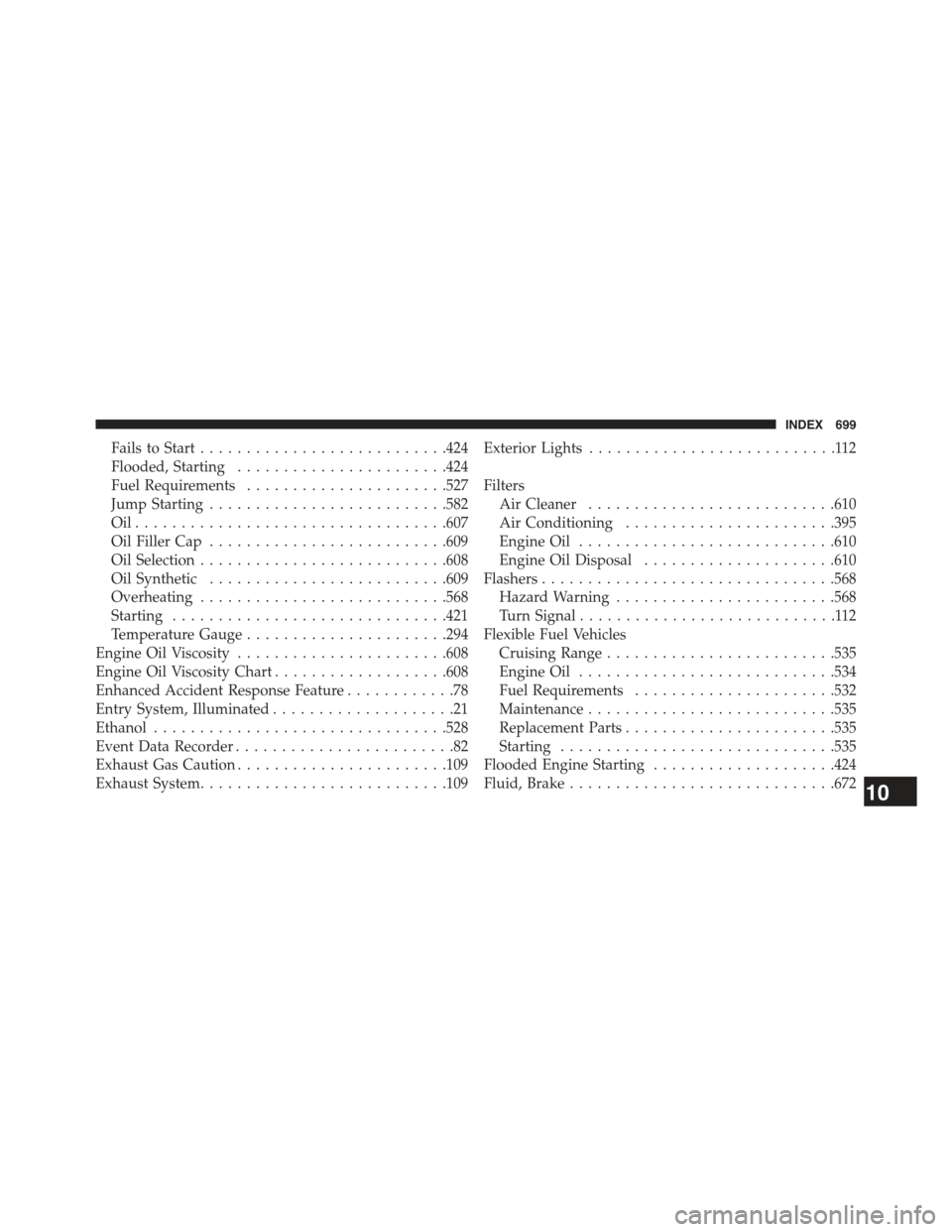 JEEP GRAND CHEROKEE 2015 WK2 / 4.G Owners Manual Fails to Start...........................424
Flooded, Starting.......................424
Fuel Requirements......................527
Jump Starting..........................582
Oil . . . . . . . . . . .