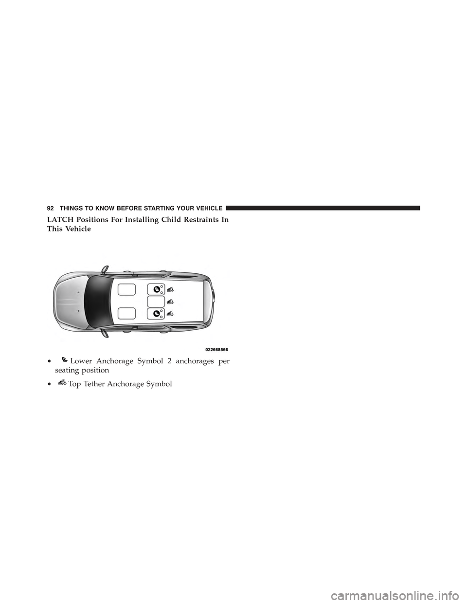 JEEP GRAND CHEROKEE 2015 WK2 / 4.G Owners Manual LATCH Positions For Installing Child Restraints In
This Vehicle
•Lower Anchorage Symbol 2 anchorages per
seating position
•Top Tether Anchorage Symbol
92 THINGS TO KNOW BEFORE STARTING YOUR VEHICL
