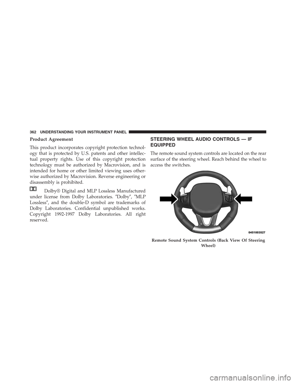 JEEP GRAND CHEROKEE 2015 WK2 / 4.G SRT Owners Manual Product Agreement
This product incorporates copyright protection technol-
ogy that is protected by U.S. patents and other intellec-
tual property rights. Use of this copyright protection
technology mu