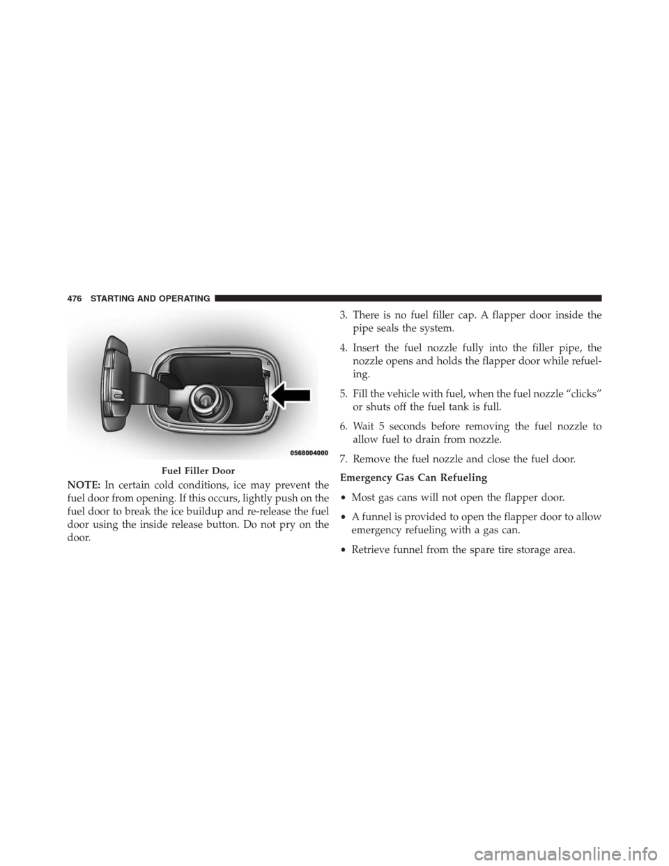 JEEP GRAND CHEROKEE 2015 WK2 / 4.G SRT Owners Manual NOTE:In certain cold conditions, ice may prevent the
fuel door from opening. If this occurs, lightly push on the
fuel door to break the ice buildup and re-release the fuel
door using the inside releas