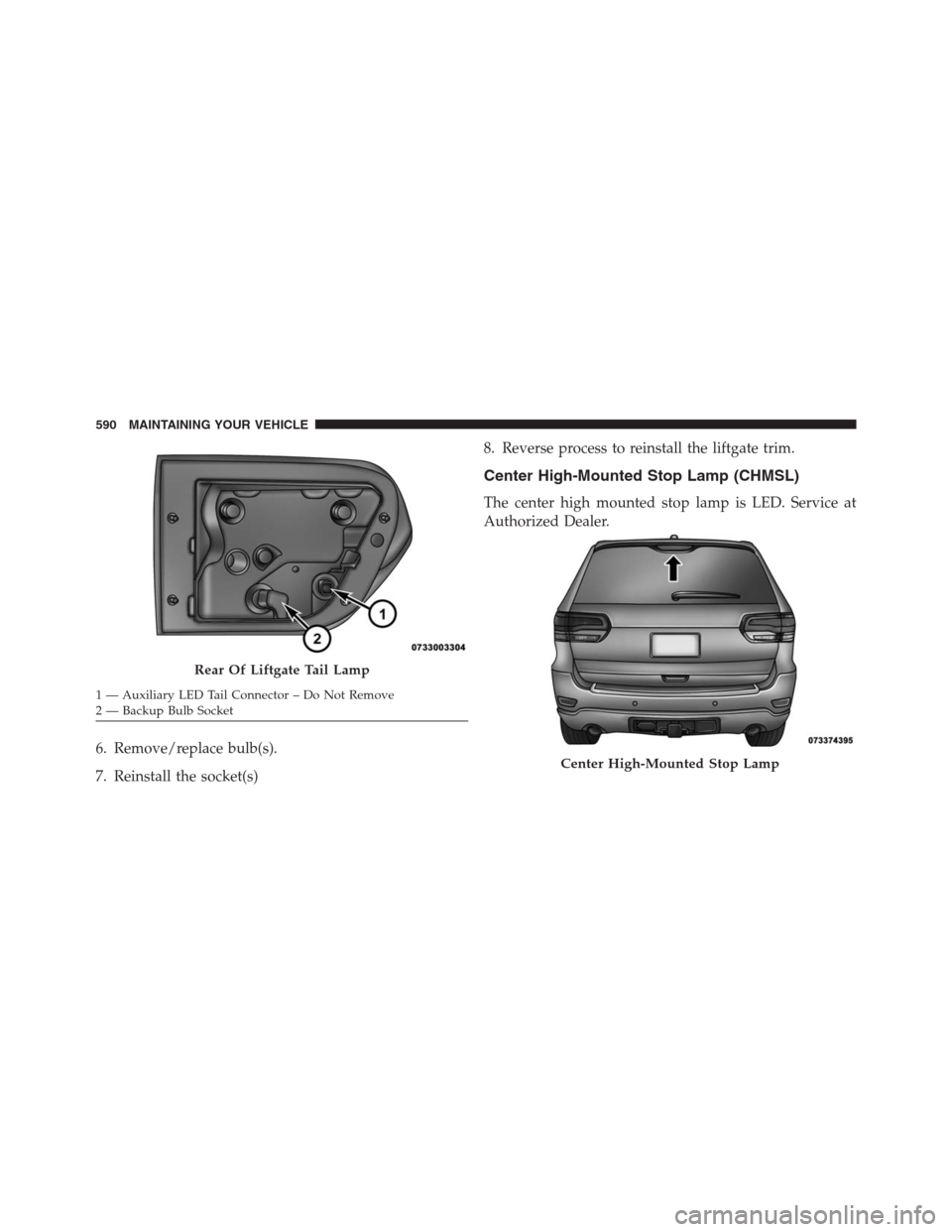 JEEP GRAND CHEROKEE 2015 WK2 / 4.G SRT Owners Manual 6. Remove/replace bulb(s).
7. Reinstall the socket(s)8. Reverse process to reinstall the liftgate trim.
Center High-Mounted Stop Lamp (CHMSL)
The center high mounted stop lamp is LED. Service at
Autho
