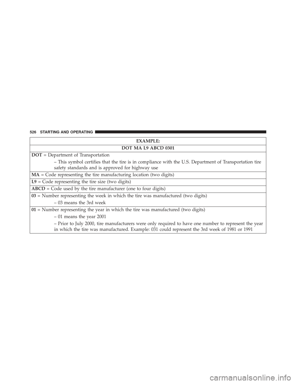 JEEP GRAND CHEROKEE 2016 WK2 / 4.G SRT Owners Manual EXAMPLE:
DOT MA L9 ABCD 0301
DOT = Department of Transportation
– This symbol certifies that the tire is in compliance with the U.S. Department of Transportation tire
safety standards and is approve