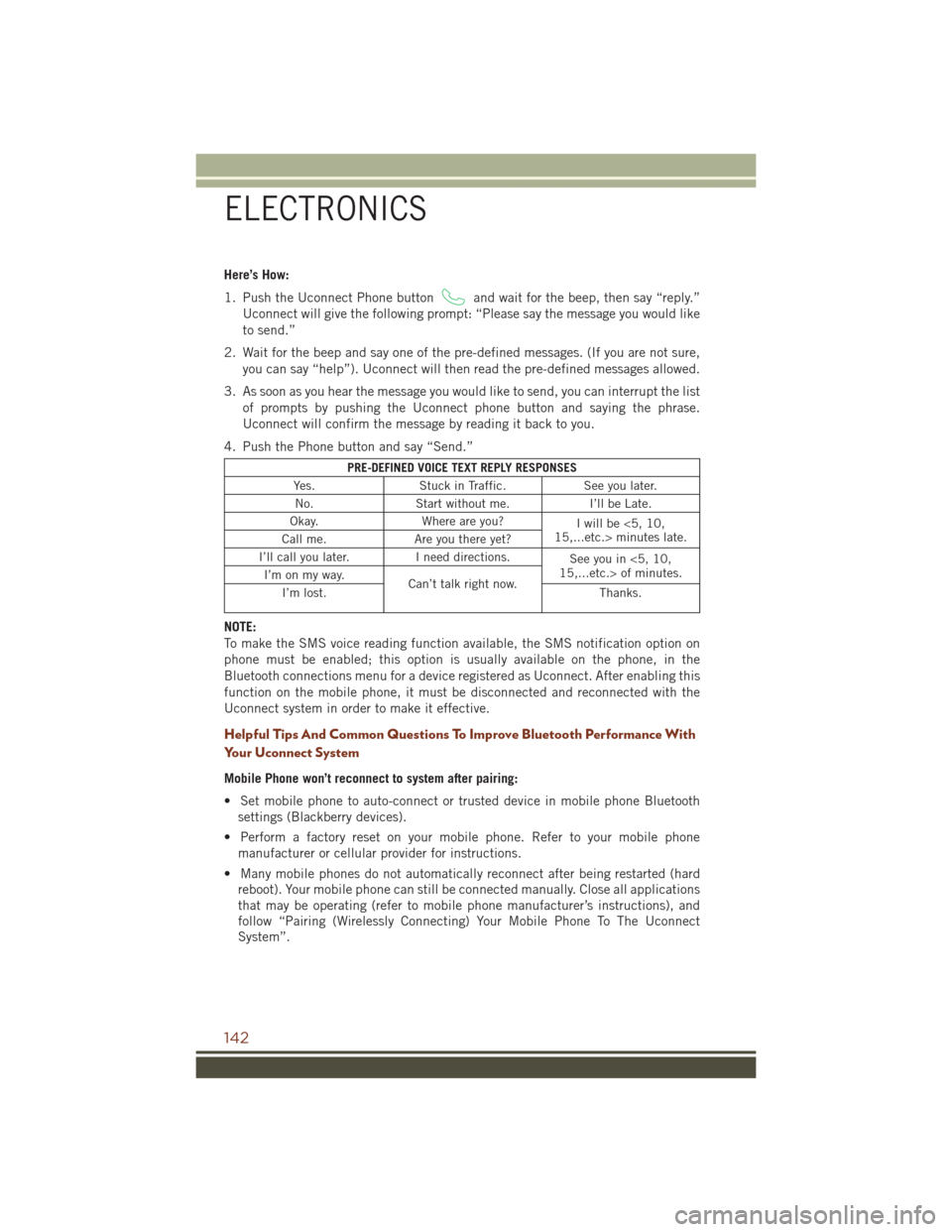 JEEP GRAND CHEROKEE 2016 WK2 / 4.G User Guide Here’s How:
1. Push the Uconnect Phone button
and wait for the beep, then say “reply.”
Uconnect will give the following prompt: “Please say the message you would like
to send.”
2. Wait for t