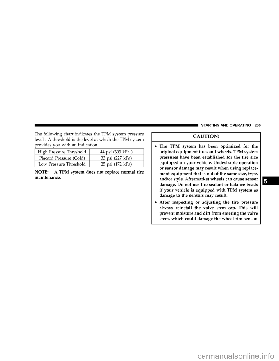 JEEP LIBERTY 2004 KJ / 1.G Owners Manual The following chart indicates the TPM system pressure
levels. A threshold is the level at which the TPM system
provides you with an indication.
High Pressure Threshold 44 psi (303 kPa )
Placard Pressu JEEP LIBERTY 2004 KJ / 1.G Owners Manual The following chart indicates the TPM system pressure
levels. A threshold is the level at which the TPM system
provides you with an indication.
High Pressure Threshold 44 psi (303 kPa )
Placard Pressu