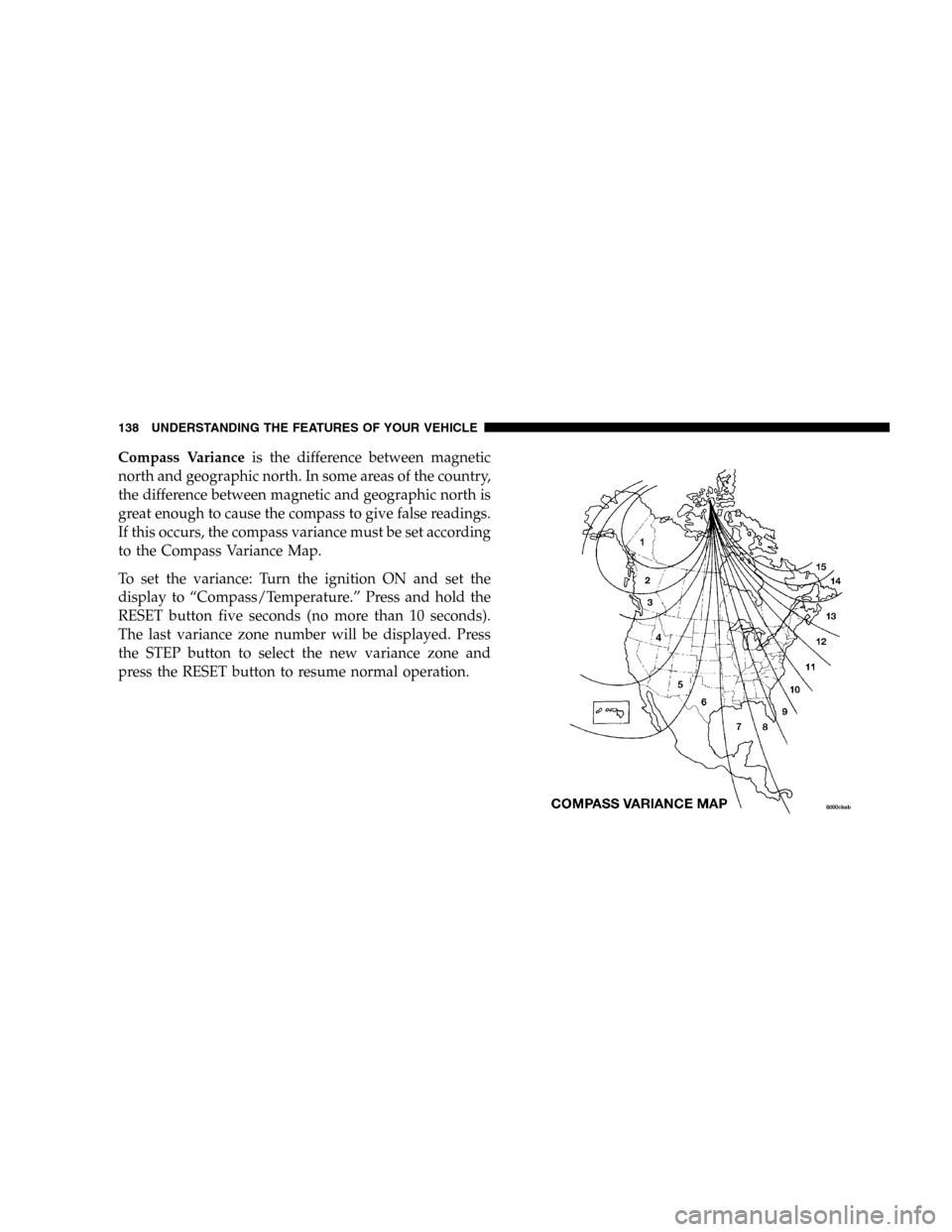 JEEP LIBERTY 2005 KJ / 1.G Owners Manual Compass Varianceis the difference between magnetic
north and geographic north. In some areas of the country,
the difference between magnetic and geographic north is
great enough to cause the compass t