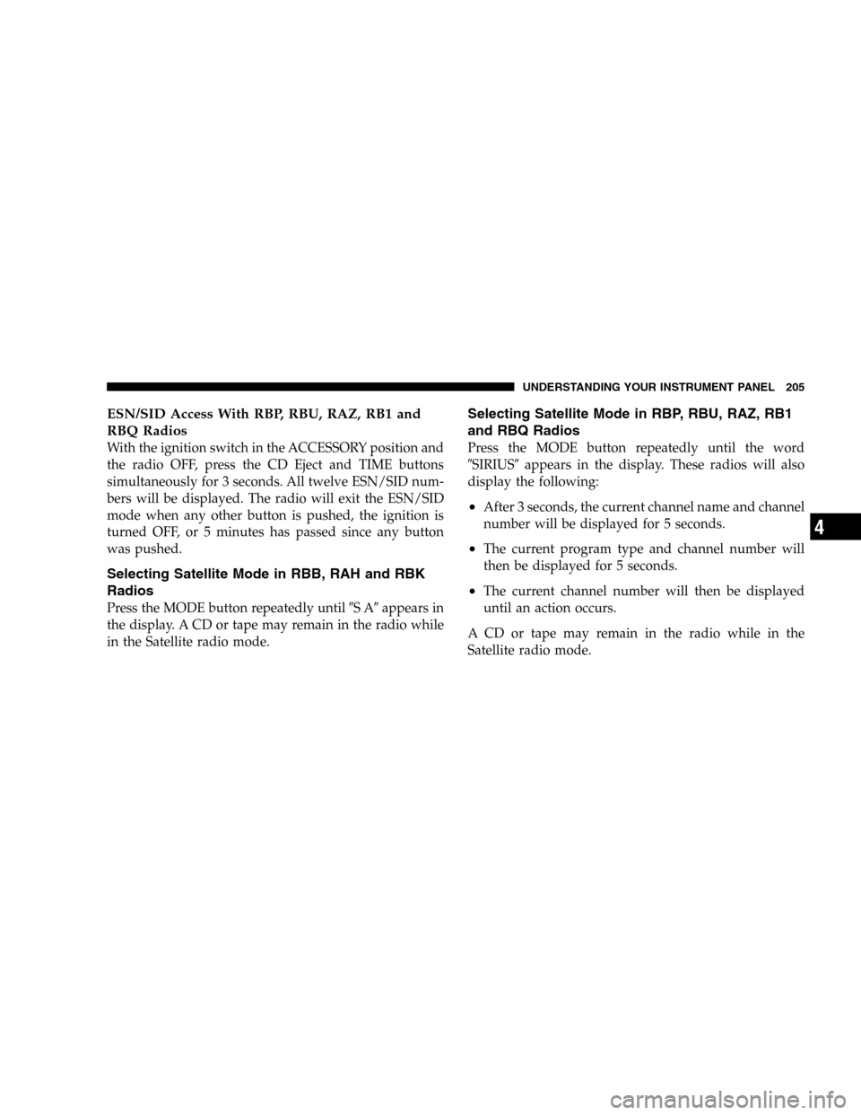 JEEP LIBERTY 2005 KJ / 1.G Owners Manual ESN/SID Access With RBP, RBU, RAZ, RB1 and
RBQ Radios
With the ignition switch in the ACCESSORY position and
the radio OFF, press the CD Eject and TIME buttons
simultaneously for 3 seconds. All twelve JEEP LIBERTY 2005 KJ / 1.G Owners Manual ESN/SID Access With RBP, RBU, RAZ, RB1 and
RBQ Radios
With the ignition switch in the ACCESSORY position and
the radio OFF, press the CD Eject and TIME buttons
simultaneously for 3 seconds. All twelve
