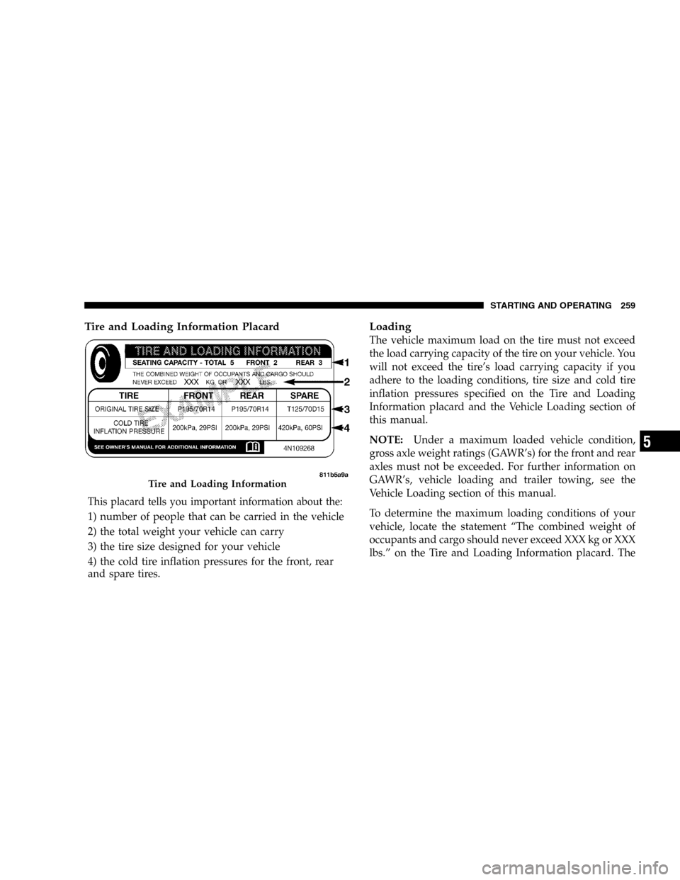 JEEP LIBERTY 2005 KJ / 1.G Owners Manual Tire and Loading Information Placard
This placard tells you important information about the:
1) number of people that can be carried in the vehicle
2) the total weight your vehicle can carry
3) the ti JEEP LIBERTY 2005 KJ / 1.G Owners Manual Tire and Loading Information Placard
This placard tells you important information about the:
1) number of people that can be carried in the vehicle
2) the total weight your vehicle can carry
3) the ti