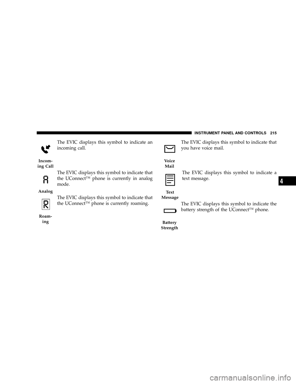 JEEP LIBERTY 2008 KK / 2.G Owners Manual The EVIC displays this symbol to indicate an
incoming call.
The EVIC displays this symbol to indicate that
the UConnectŸ phone is currently in analog
mode.
The EVIC displays this symbol to indicate t