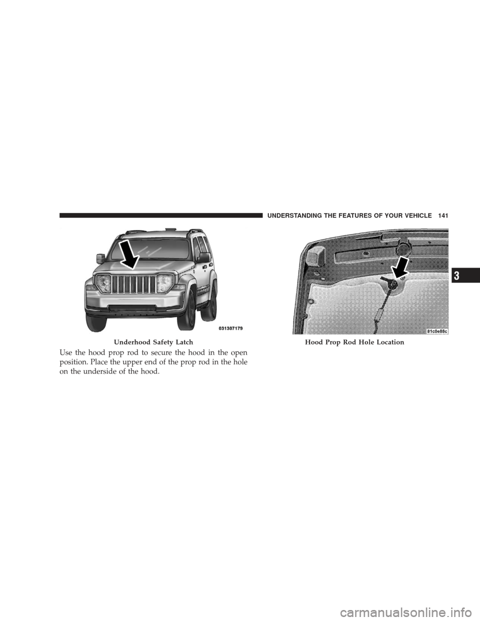 JEEP LIBERTY 2009 KK / 2.G Owners Manual Use the hood prop rod to secure the hood in the open
position. Place the upper end of the prop rod in the hole
on the underside of the hood.
Underhood Safety LatchHood Prop Rod Hole Location
UNDERSTAN