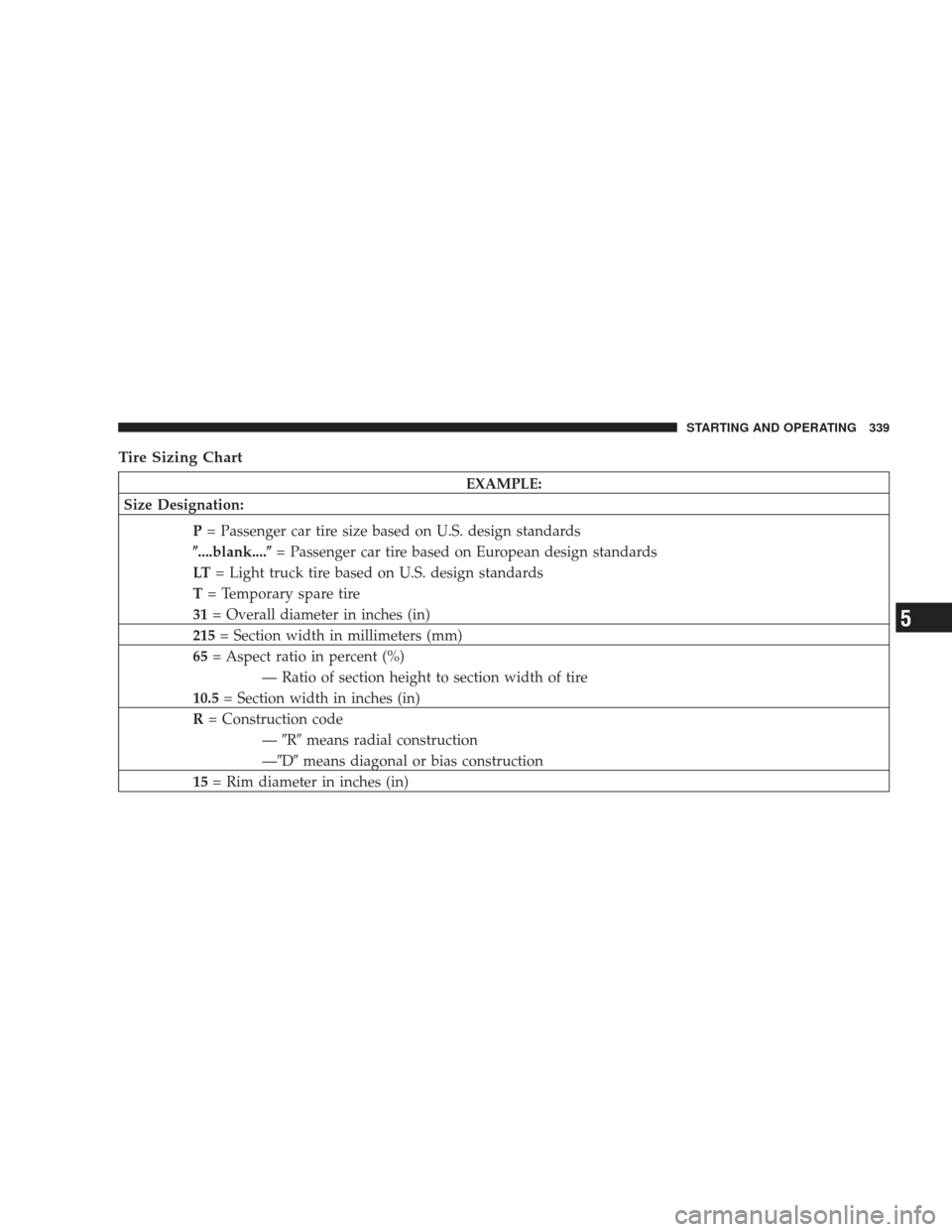 JEEP LIBERTY 2009 KK / 2.G Owners Manual Tire Sizing Chart
EXAMPLE:
Size Designation:
P= Passenger car tire size based on U.S. design standards
\b....blank....\b = Passenger car tire based on European design standards
LT = Light truck tire b