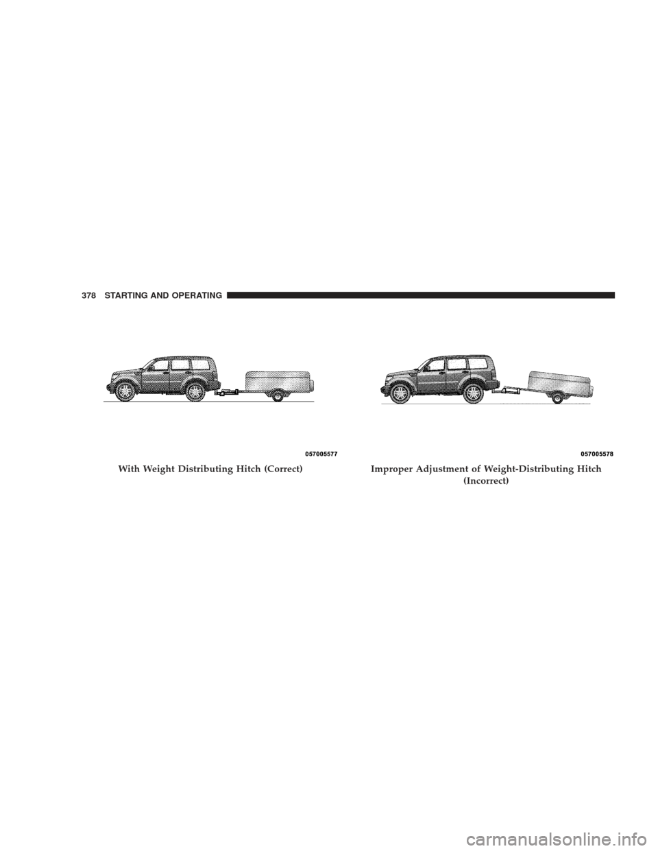 JEEP LIBERTY 2009 KK / 2.G Owners Manual With Weight Distributing Hitch (Correct)Improper Adjustment of Weight-Distributing Hitch(Incorrect)
378 STARTING AND OPERATING 