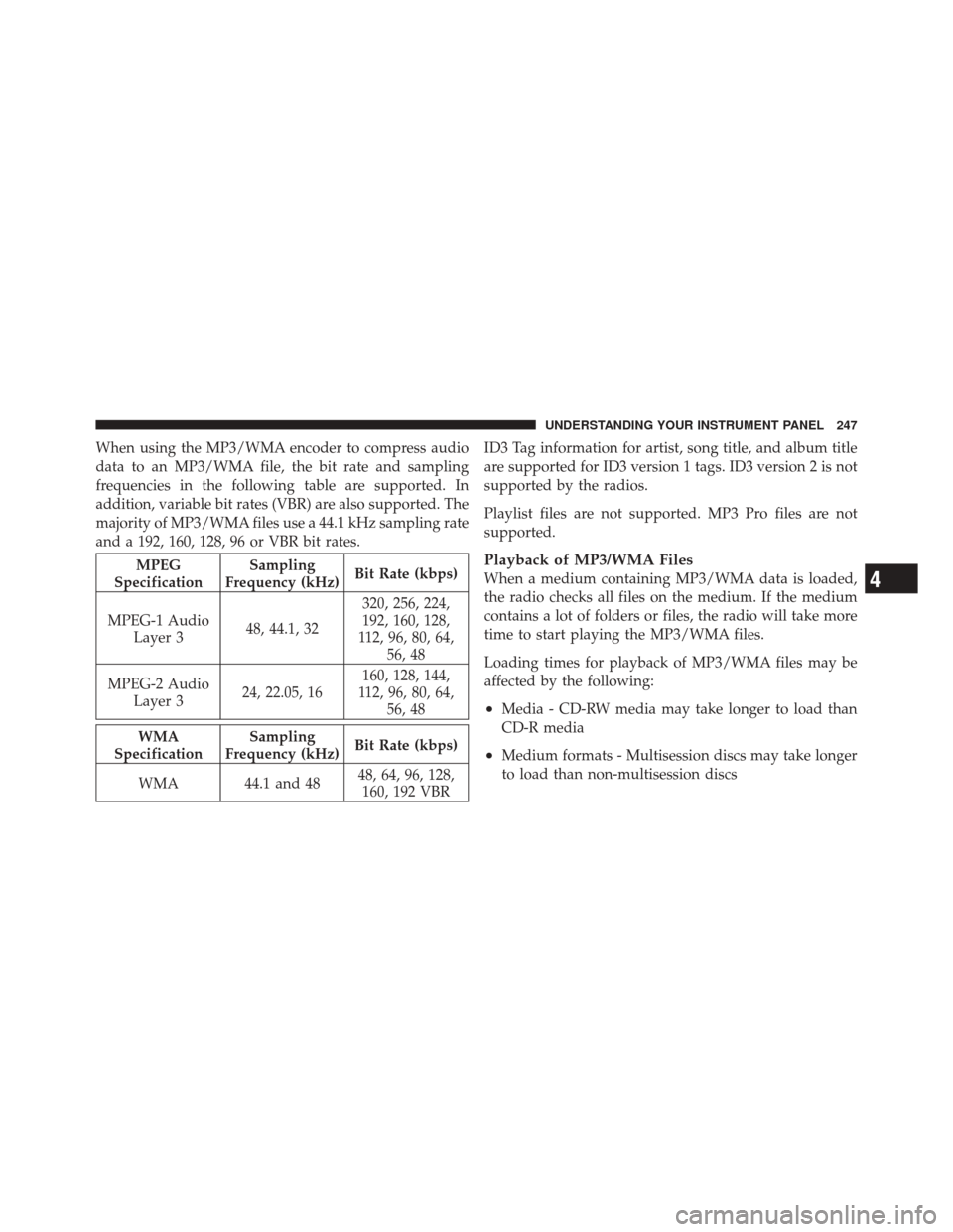 JEEP LIBERTY 2010 KK / 2.G Owners Manual When using the MP3/WMA encoder to compress audio
data to an MP3/WMA file, the bit rate and sampling
frequencies in the following table are supported. In
addition, variable bit rates (VBR) are also sup JEEP LIBERTY 2010 KK / 2.G Owners Manual When using the MP3/WMA encoder to compress audio
data to an MP3/WMA file, the bit rate and sampling
frequencies in the following table are supported. In
addition, variable bit rates (VBR) are also sup