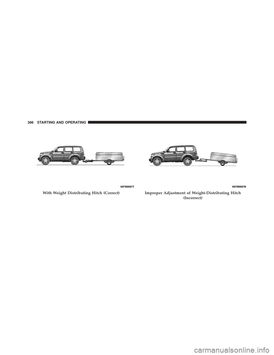 JEEP LIBERTY 2010 KK / 2.G Owners Manual With Weight Distributing Hitch (Correct)Improper Adjustment of Weight-Distributing Hitch(Incorrect)
386 STARTING AND OPERATING 