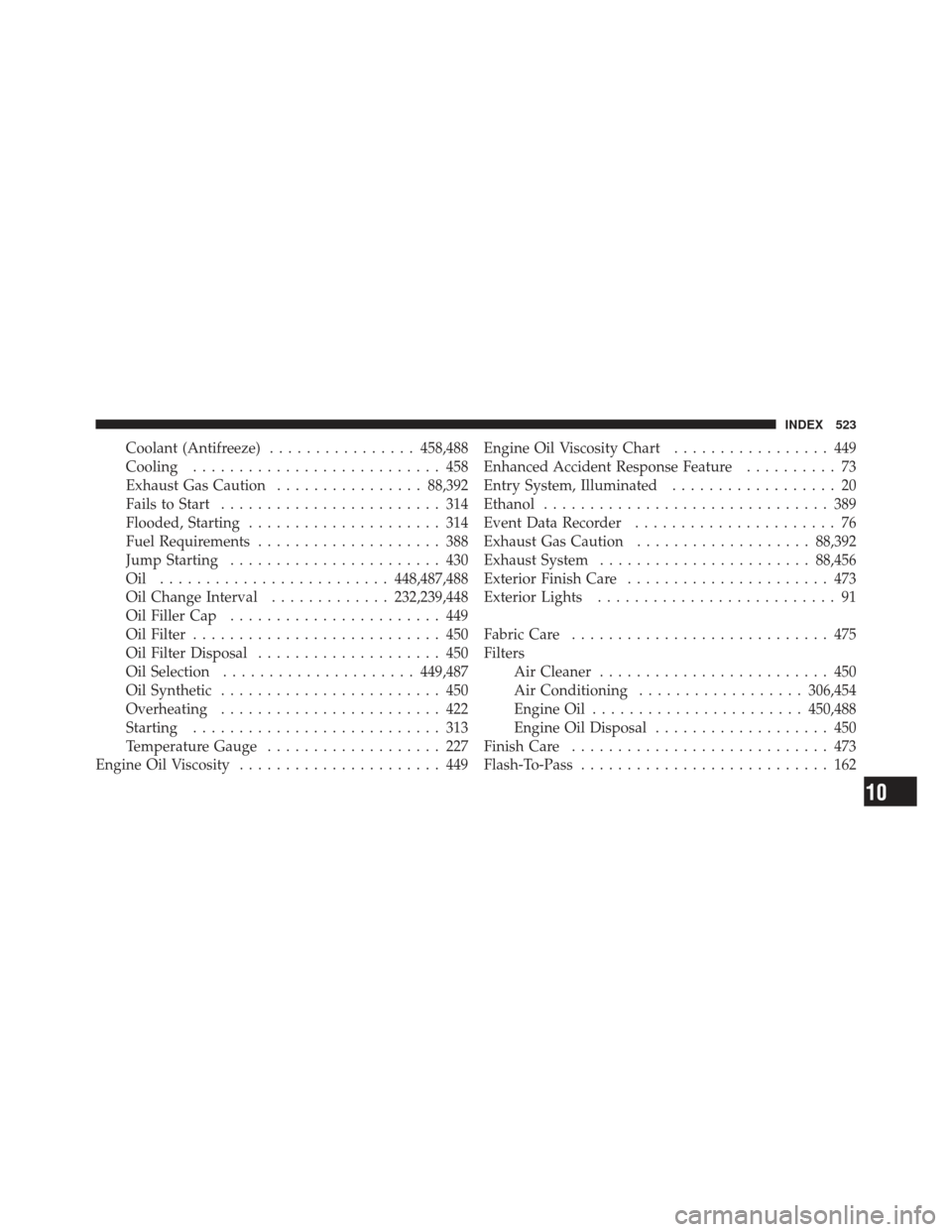 JEEP LIBERTY 2011 KK / 2.G Owners Manual Coolant (Antifreeze)................ 458,488
Cooling ........................... 458
Exhaust Gas Caution ................88,392
Fails to Start ........................ 314
Flooded, Starting ..........