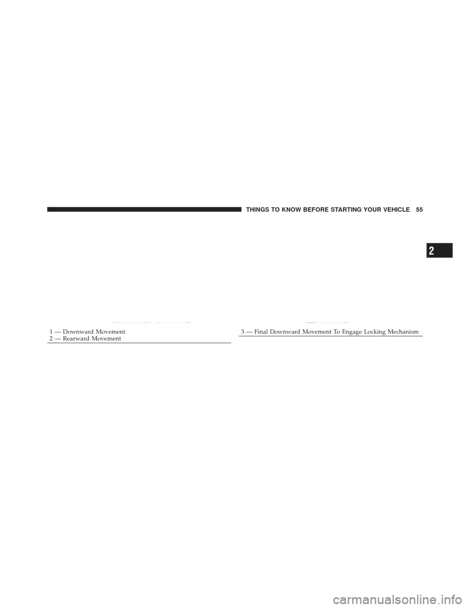 JEEP LIBERTY 2011 KK / 2.G Owners Manual 1 — Downward Movement
2 — Rearward Movement3—Final Downward Movement To Engage Locking Mechanism
2
THINGS TO KNOW BEFORE STARTING YOUR VEHICLE 55 