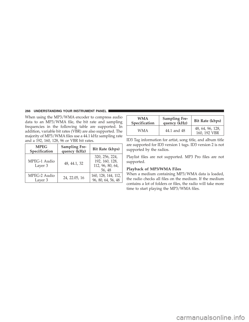 JEEP LIBERTY 2012 KK / 2.G Owners Manual When using the MP3/WMA encoder to compress audio
data to an MP3/WMA file, the bit rate and sampling
frequencies in the following table are supported. In
addition, variable bit rates (VBR) are also sup JEEP LIBERTY 2012 KK / 2.G Owners Manual When using the MP3/WMA encoder to compress audio
data to an MP3/WMA file, the bit rate and sampling
frequencies in the following table are supported. In
addition, variable bit rates (VBR) are also sup