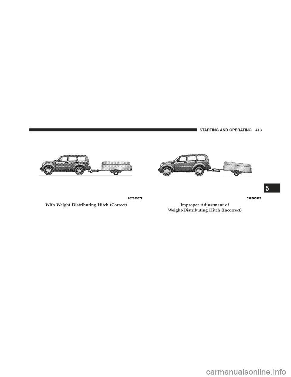 JEEP LIBERTY 2012 KK / 2.G Owners Manual With Weight Distributing Hitch (Correct)Improper Adjustment of
Weight-Distributing Hitch (Incorrect)
5
STARTING AND OPERATING 413 