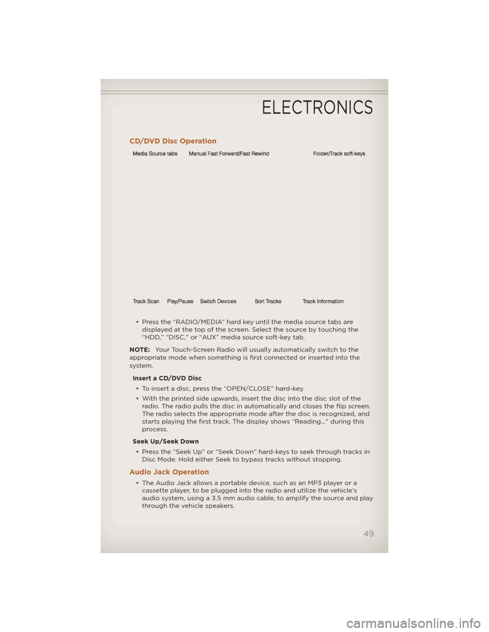 JEEP LIBERTY 2012 KK / 2.G User Guide CD/DVD Disc Operation
• Press the “RADIO/MEDIA” hard key until the media source tabs aredisplayed at the top of the screen. Select the source by touching the
“HDD,” “DISC,” or “AUX” 