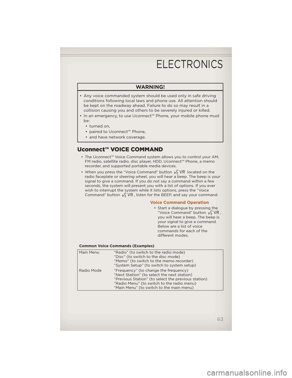 JEEP LIBERTY 2012 KK / 2.G User Guide WARNING!
• Any voice commanded system should be used only in safe drivingconditions following local laws and phone use. All attention should
be kept on the roadway ahead. Failure to do so may result JEEP LIBERTY 2012 KK / 2.G User Guide WARNING!
• Any voice commanded system should be used only in safe drivingconditions following local laws and phone use. All attention should
be kept on the roadway ahead. Failure to do so may result