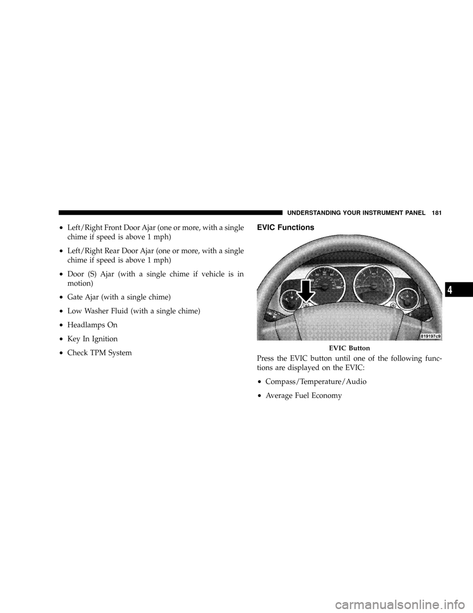 JEEP PATRIOT 2007 1.G Owners Manual ²Left/Right Front Door Ajar (one or more, with a single
chime if speed is above 1 mph)
²Left/Right Rear Door Ajar (one or more, with a single
chime if speed is above 1 mph)
²Door (S) Ajar (with a s