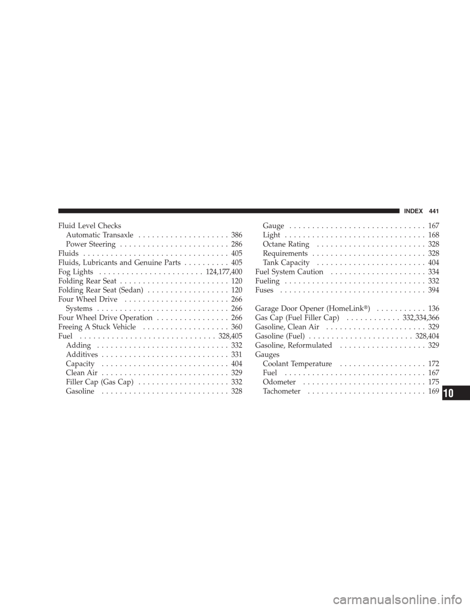 JEEP PATRIOT 2009 1.G Owners Manual Fluid Level Checks
Automatic Transaxle.................... 386
Power Steering........................ 286
Fluids................................ 405
Fluids, Lubricants and Genuine Parts.......... 405
JEEP PATRIOT 2009 1.G Owners Manual Fluid Level Checks
Automatic Transaxle.................... 386
Power Steering........................ 286
Fluids................................ 405
Fluids, Lubricants and Genuine Parts.......... 405