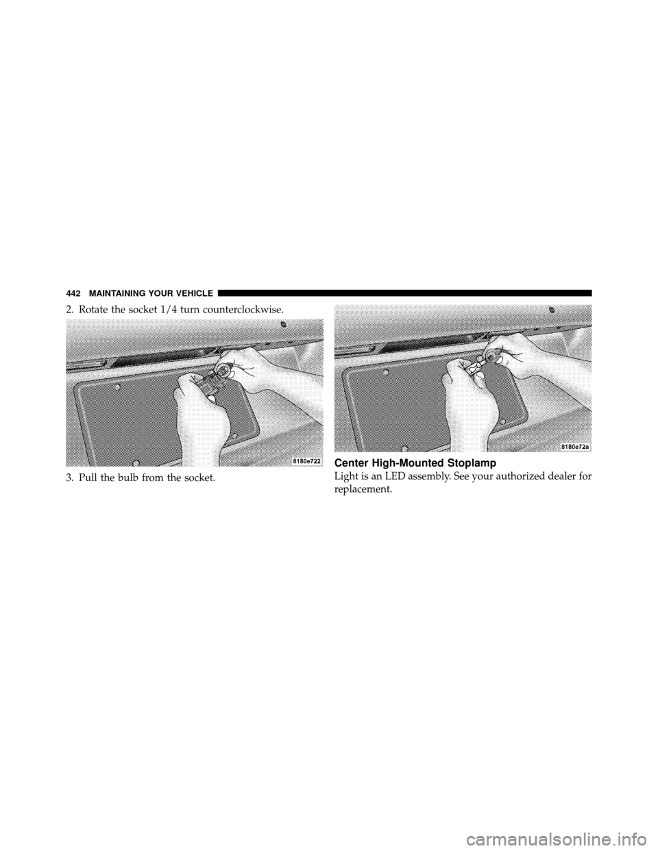 JEEP PATRIOT 2010 1.G Owners Manual 2. Rotate the socket 1/4 turn counterclockwise.
3. Pull the bulb from the socket.
Center High-Mounted Stoplamp
Light is an LED assembly. See your authorized dealer for
replacement.
442 MAINTAINING YOU