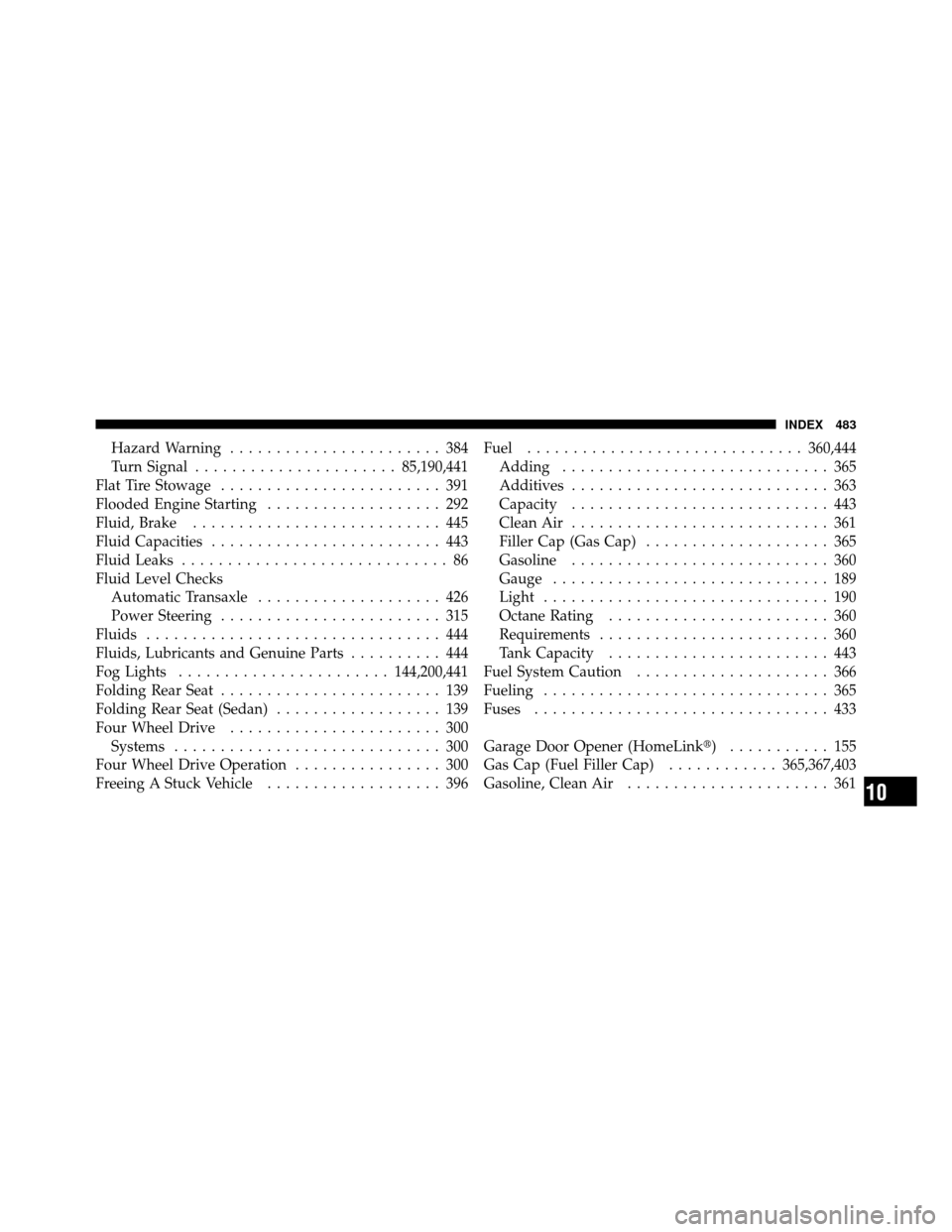 JEEP PATRIOT 2010 1.G Owners Manual Hazard Warning....................... 384
Turn Signal ...................... 85,190,441
Flat Tire Stowage ........................ 391
Flooded Engine Starting ................... 292
Fluid, Brake ....