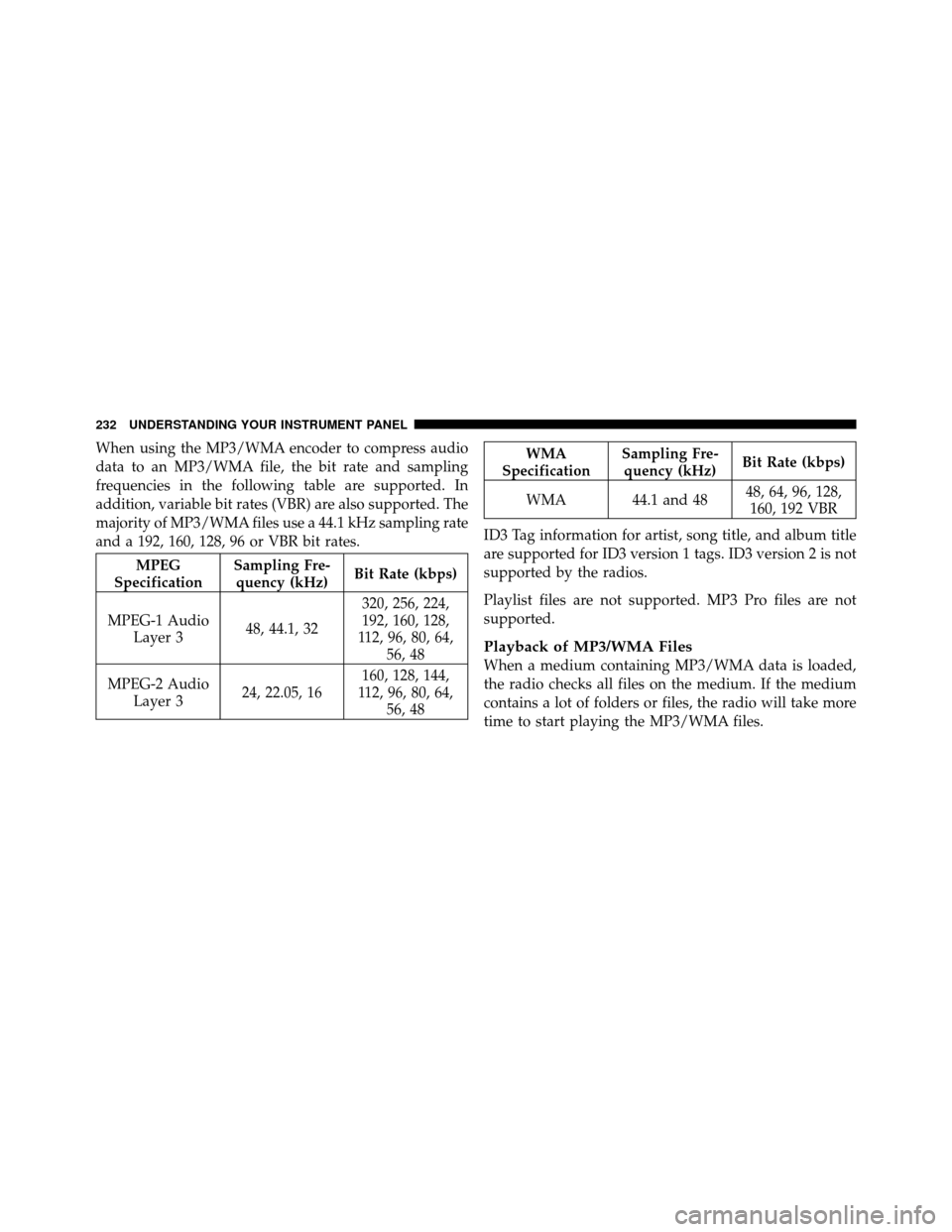 JEEP PATRIOT 2011 1.G Owners Manual When using the MP3/WMA encoder to compress audio
data to an MP3/WMA file, the bit rate and sampling
frequencies in the following table are supported. In
addition, variable bit rates (VBR) are also sup
