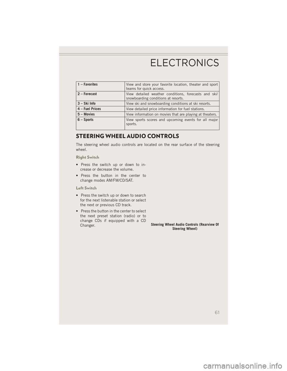 JEEP PATRIOT 2014 1.G User Guide 1 – FavoritesView and store your favorite location, theater and sport
teams for quick access.
2 – Forecast View detailed weather conditions, forecasts and ski/
snowboarding conditions at resorts.
JEEP PATRIOT 2014 1.G User Guide 1 – FavoritesView and store your favorite location, theater and sport
teams for quick access.
2 – Forecast View detailed weather conditions, forecasts and ski/
snowboarding conditions at resorts.