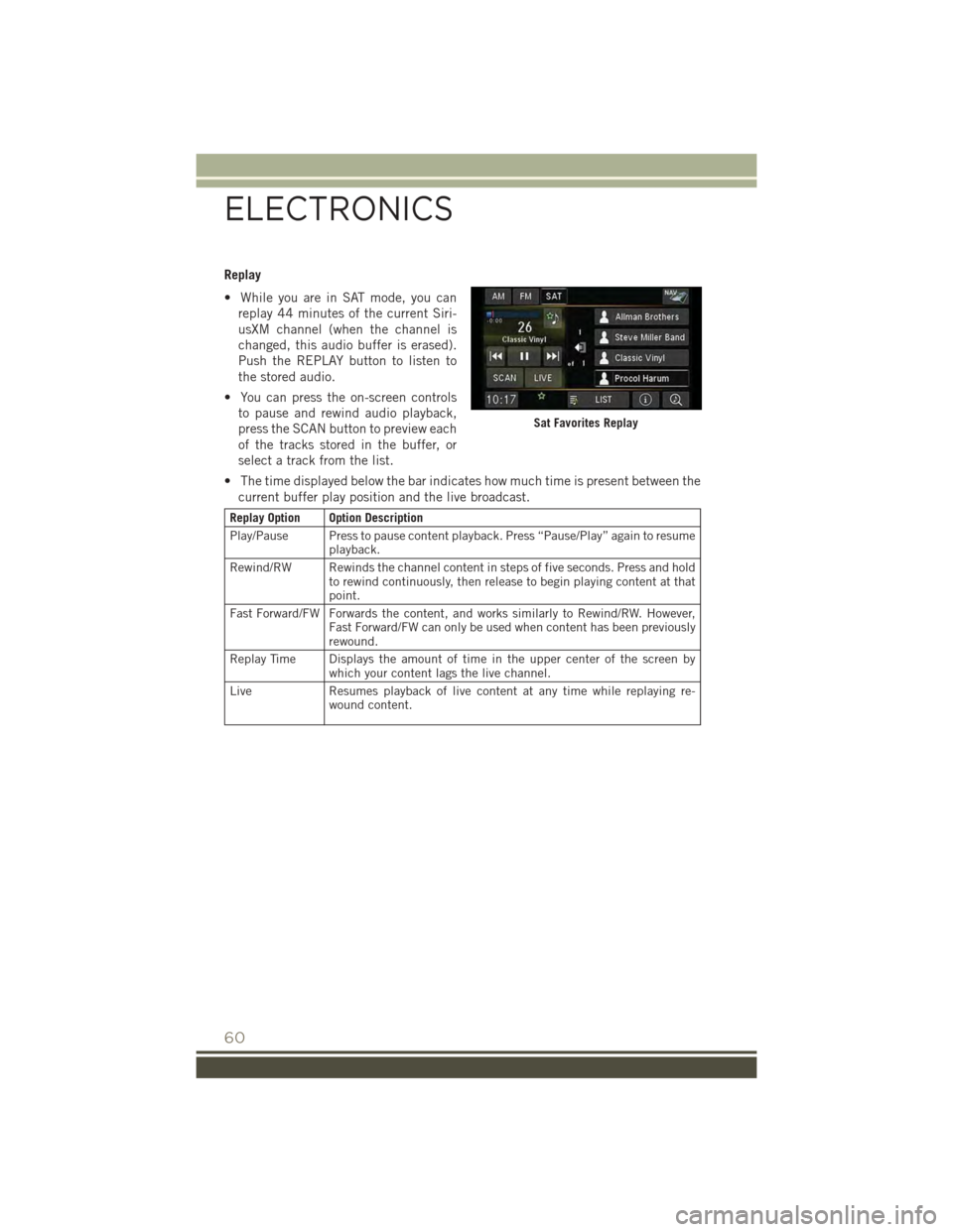 JEEP PATRIOT 2015 1.G User Guide Replay
• While you are in SAT mode, you can
replay 44 minutes of the current Siri-
usXM channel (when the channel is
changed, this audio buffer is erased).
Push the REPLAY button to listen to
the st JEEP PATRIOT 2015 1.G User Guide Replay
• While you are in SAT mode, you can
replay 44 minutes of the current Siri-
usXM channel (when the channel is
changed, this audio buffer is erased).
Push the REPLAY button to listen to
the st