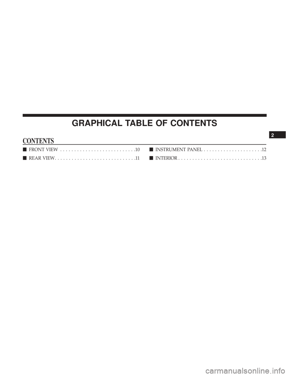 JEEP PATRIOT 2017 1.G Owners Manual GRAPHICAL TABLE OF CONTENTS
CONTENTS
FRONT VIEW ...........................10
 REAR VIEW .............................11 
INSTRUMENT PANEL .....................12
 INTERIOR .......................