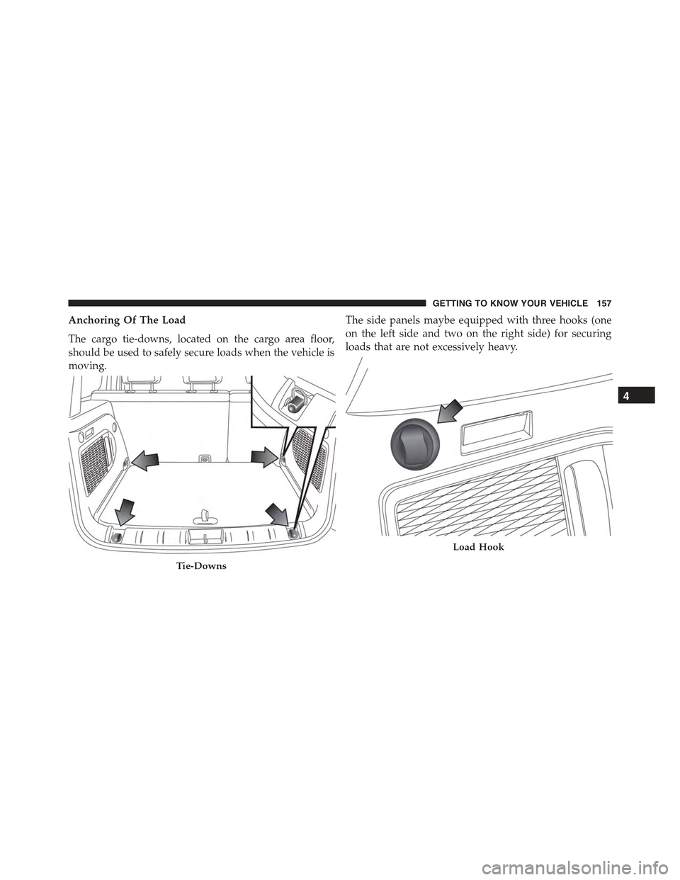 JEEP RENEGADE 2015 1.G Owners Manual Anchoring Of The Load
The cargo tie-downs, located on the cargo area floor,
should be used to safely secure loads when the vehicle is
moving.
The side panels maybe equipped with three hooks (one
on th